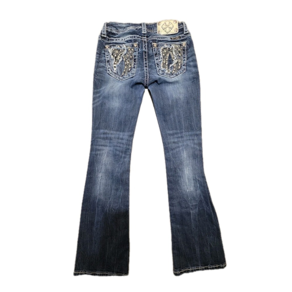 Girls Miss Me Bootcut Jeans Size 14 Medium Wash Thick Stitch Embellished 24x28.5 - Picture 4 of 11